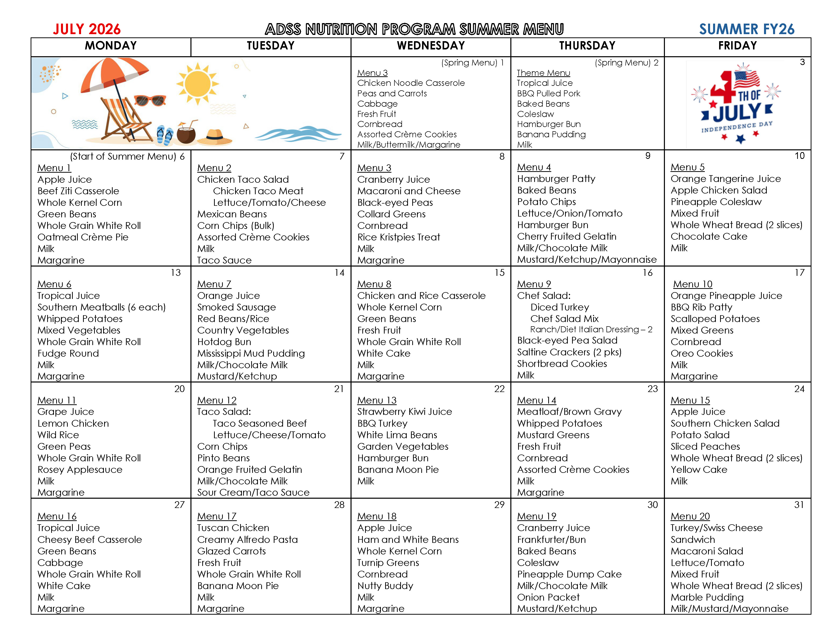 July ADSS Nutrition Program Menu