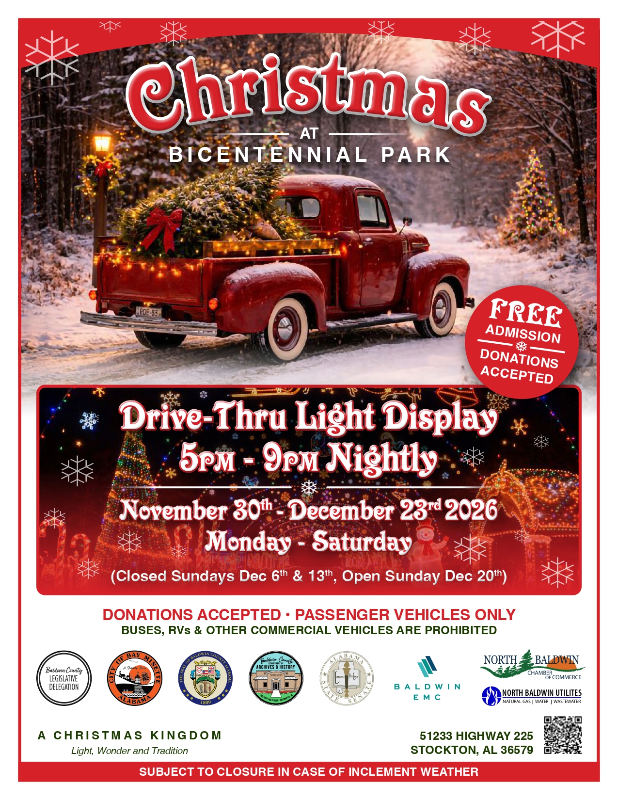 Christmas at Bicentennial Park: Drive-Thru Light Display, November 30th to December 23rd, 5PM to 9PM.
