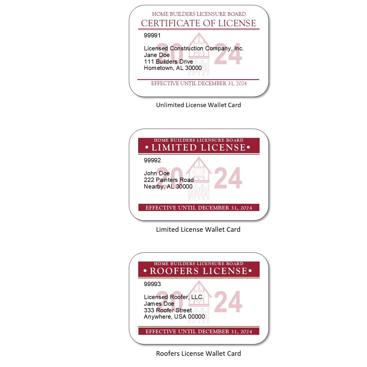 Home Builder License waller card Examples