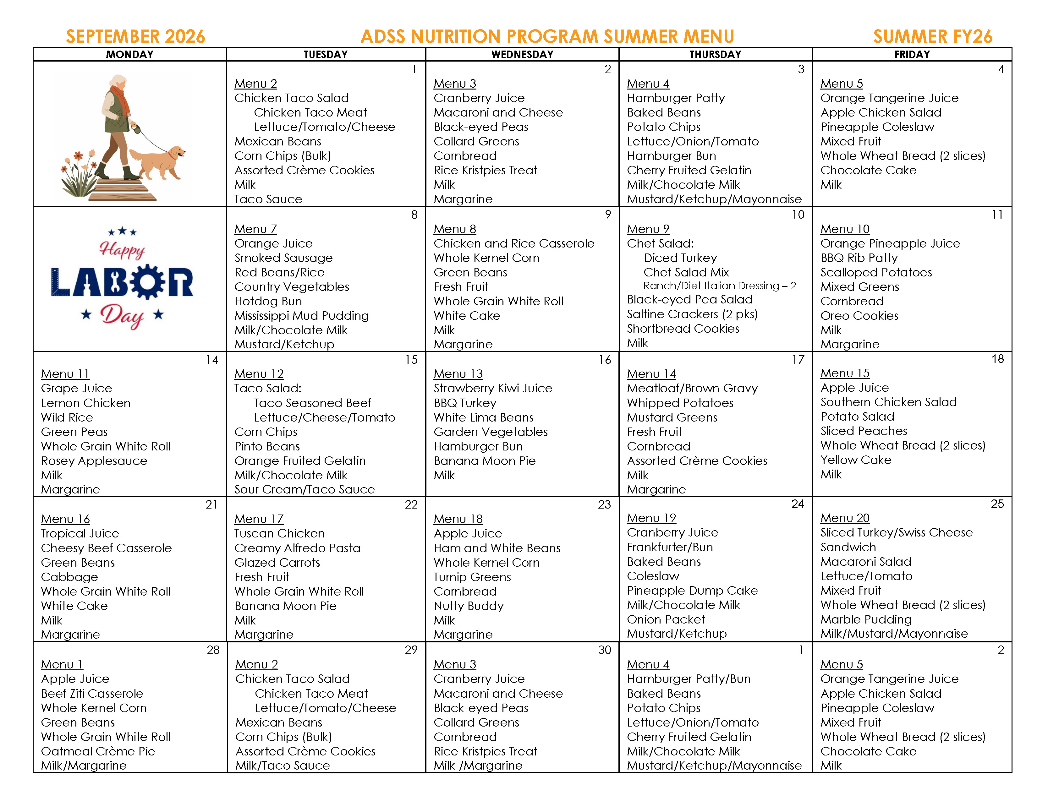 Council on Aging Nutrition Program menu for September
