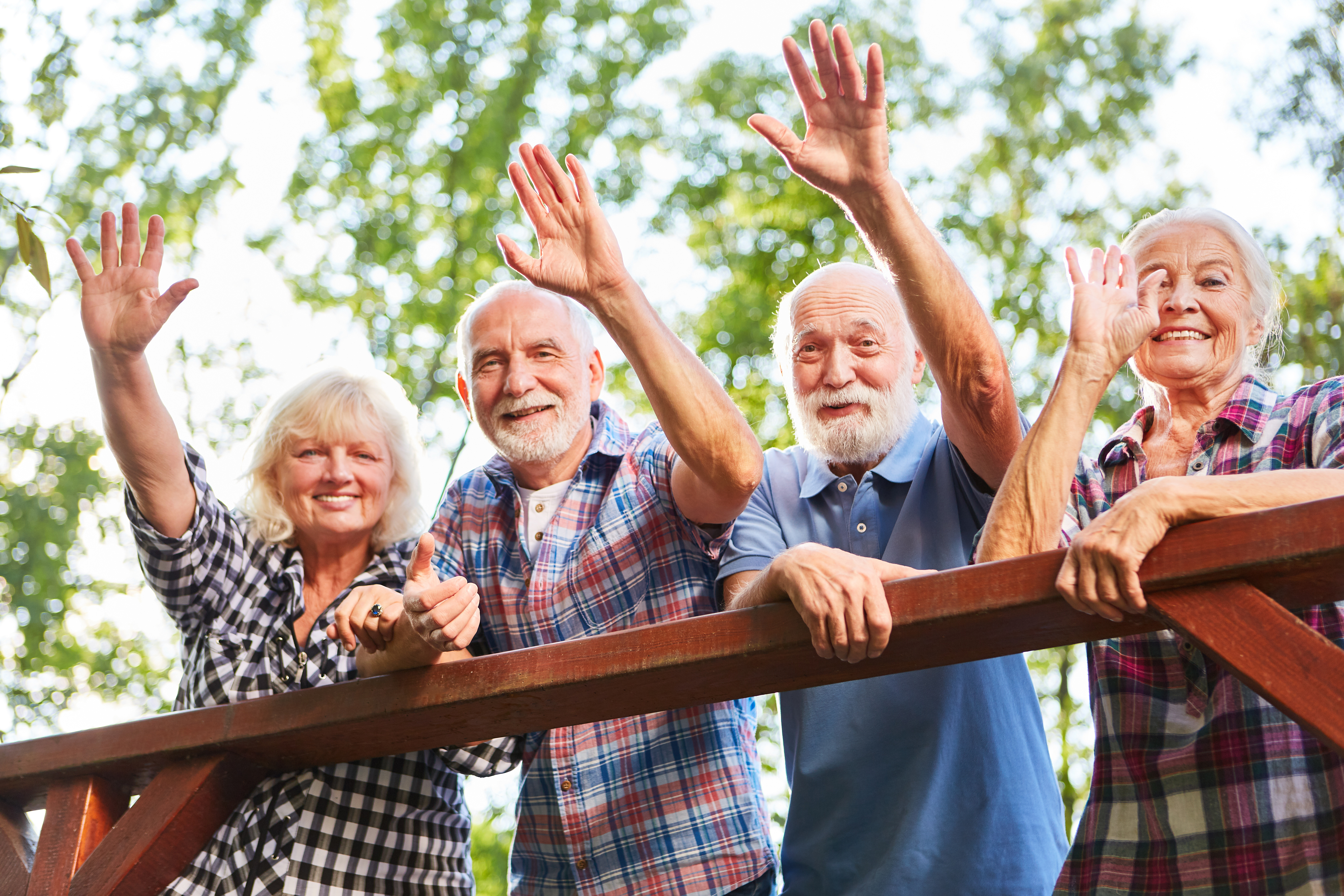 Senior Citizens Seniors waving from bridge
