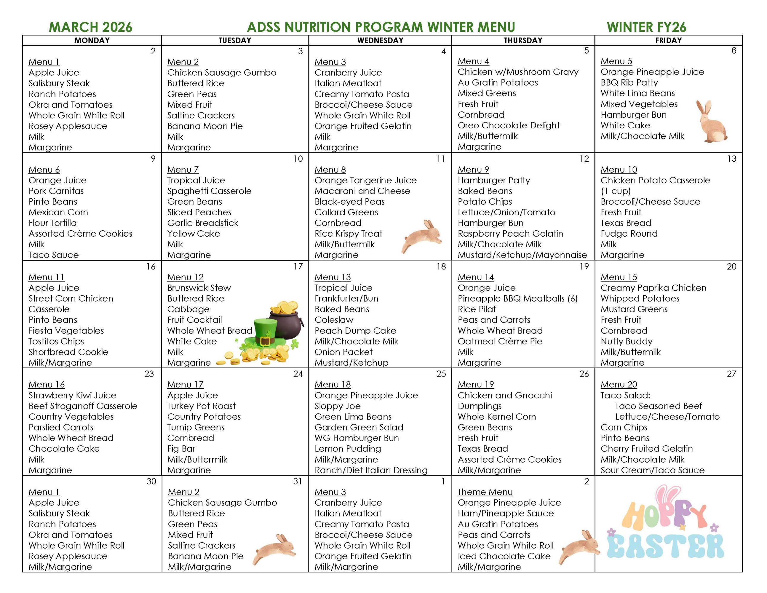 Senior Nutrition Program Menu for March
